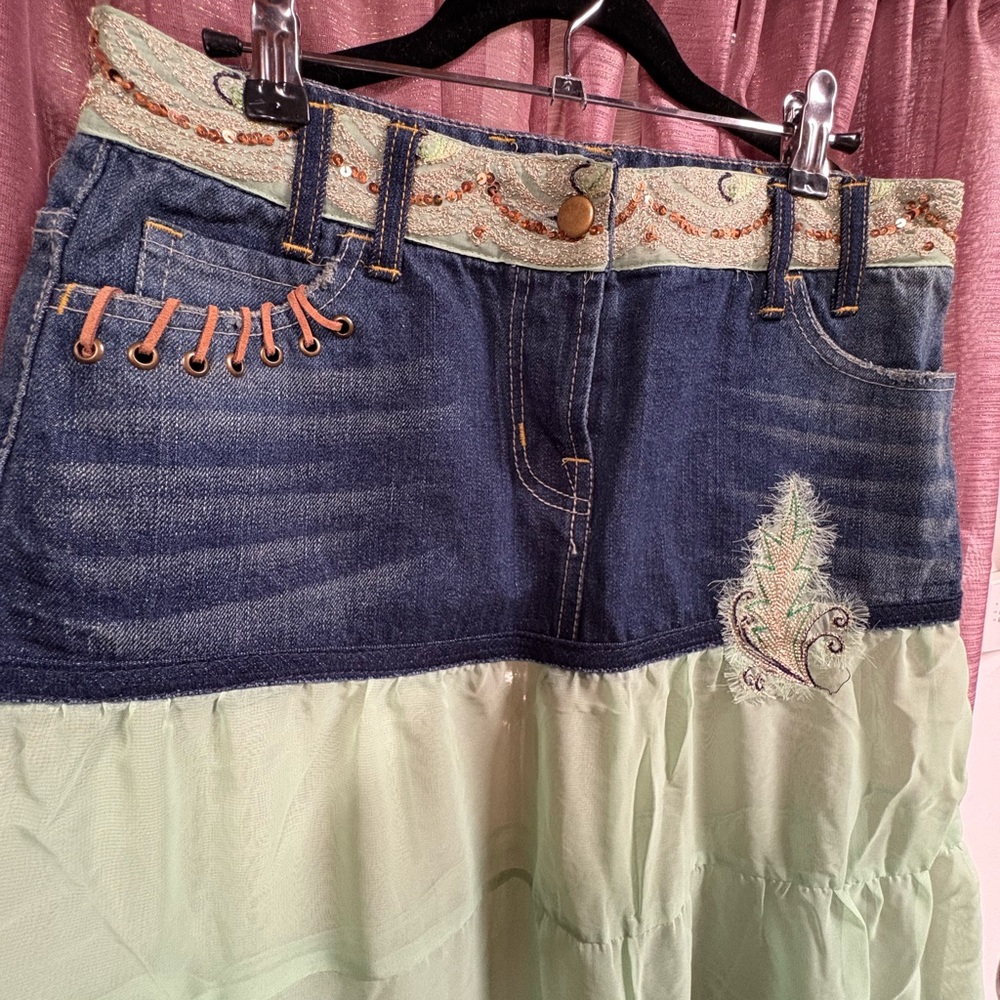 Vintage Y2K Fairycore Denim + Mint Green Midi Skirt - Picture 3 of 7